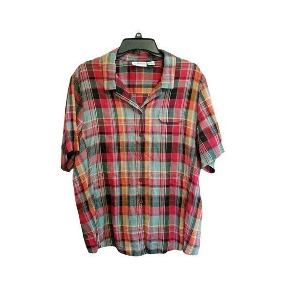 Apparenza Womens Sz 22w Red Green Plaid Short Sleeve Button Down Blouse